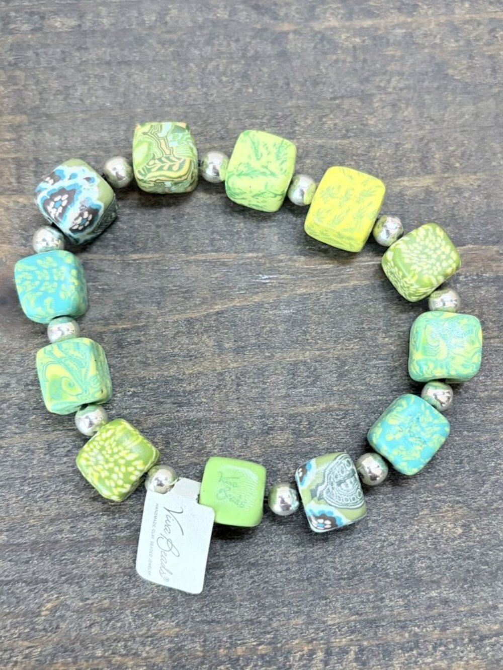Viva Bead Green Polymer Clay Hand Caned Square Bead Stretch Bracelet NWT